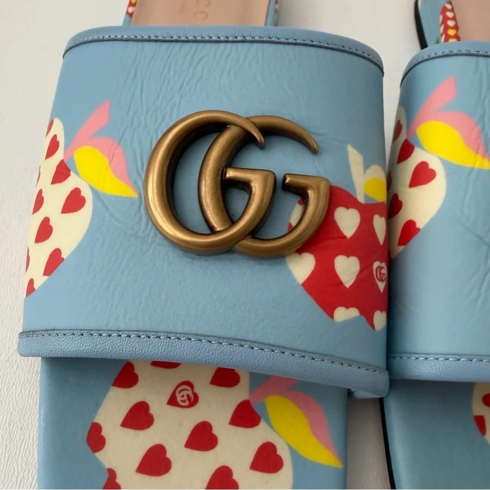 GUCCI || Blue Apple Print GG Marmont Slide Sandals Flats EU 37